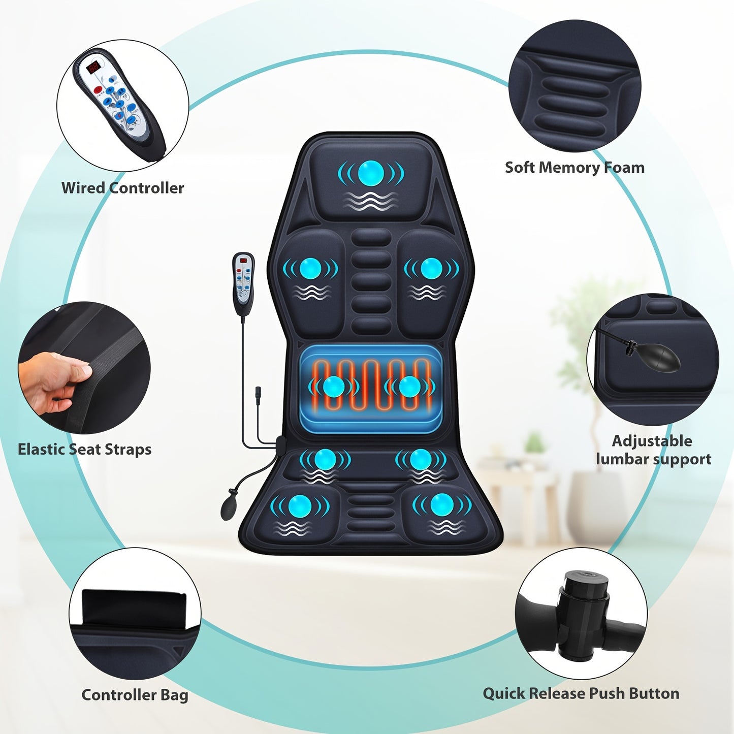 9-Mode Heated Massage Seat Cushion with Adjustable Lumbar Support