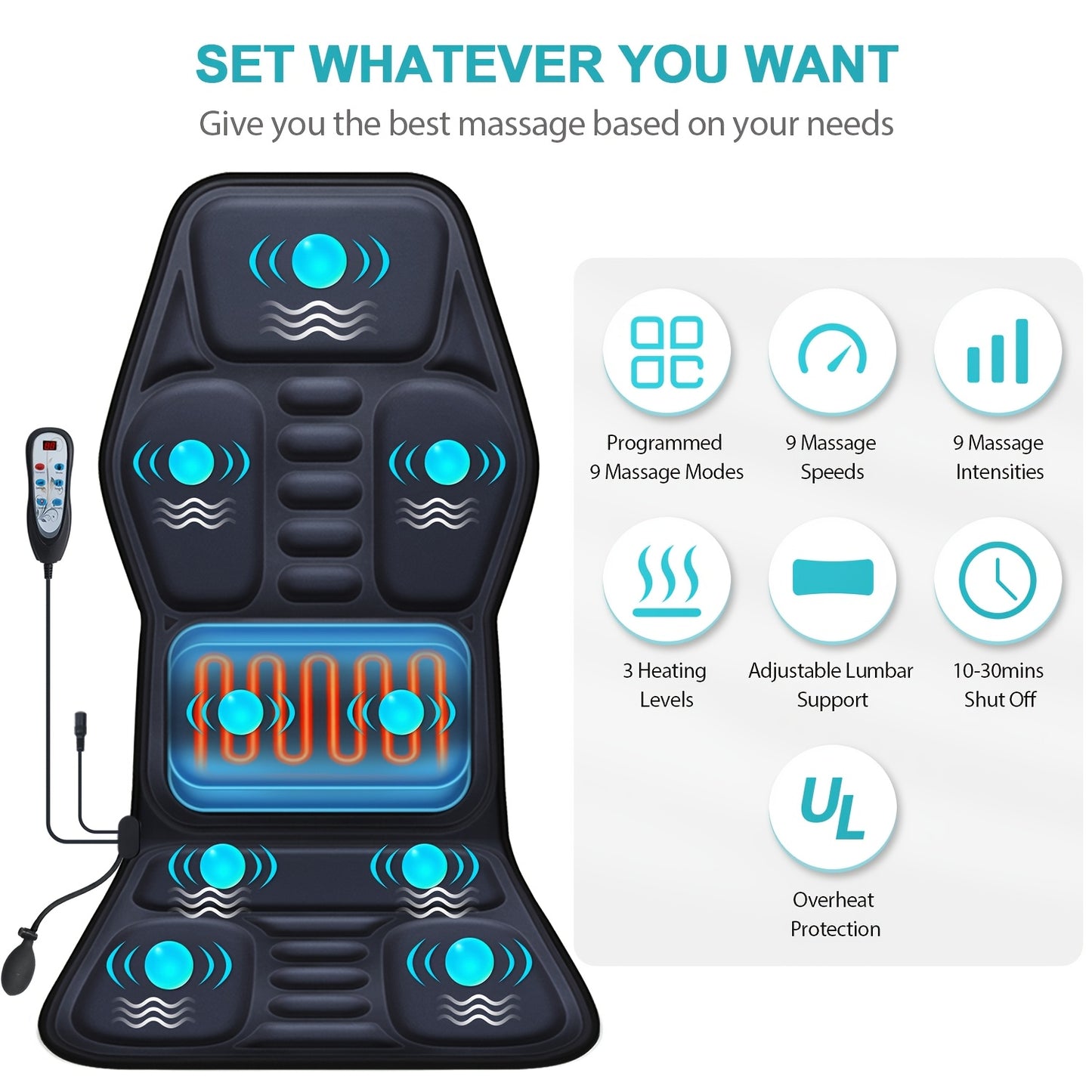 9-Mode Heated Massage Seat Cushion with Adjustable Lumbar Support