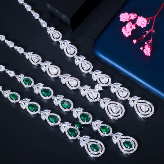 Hot Pink Cubic Zirconia Silver Color Long Leaf Drop Necklace and Earrings for Bridal Luxury Party Wedding Jewelry Sets