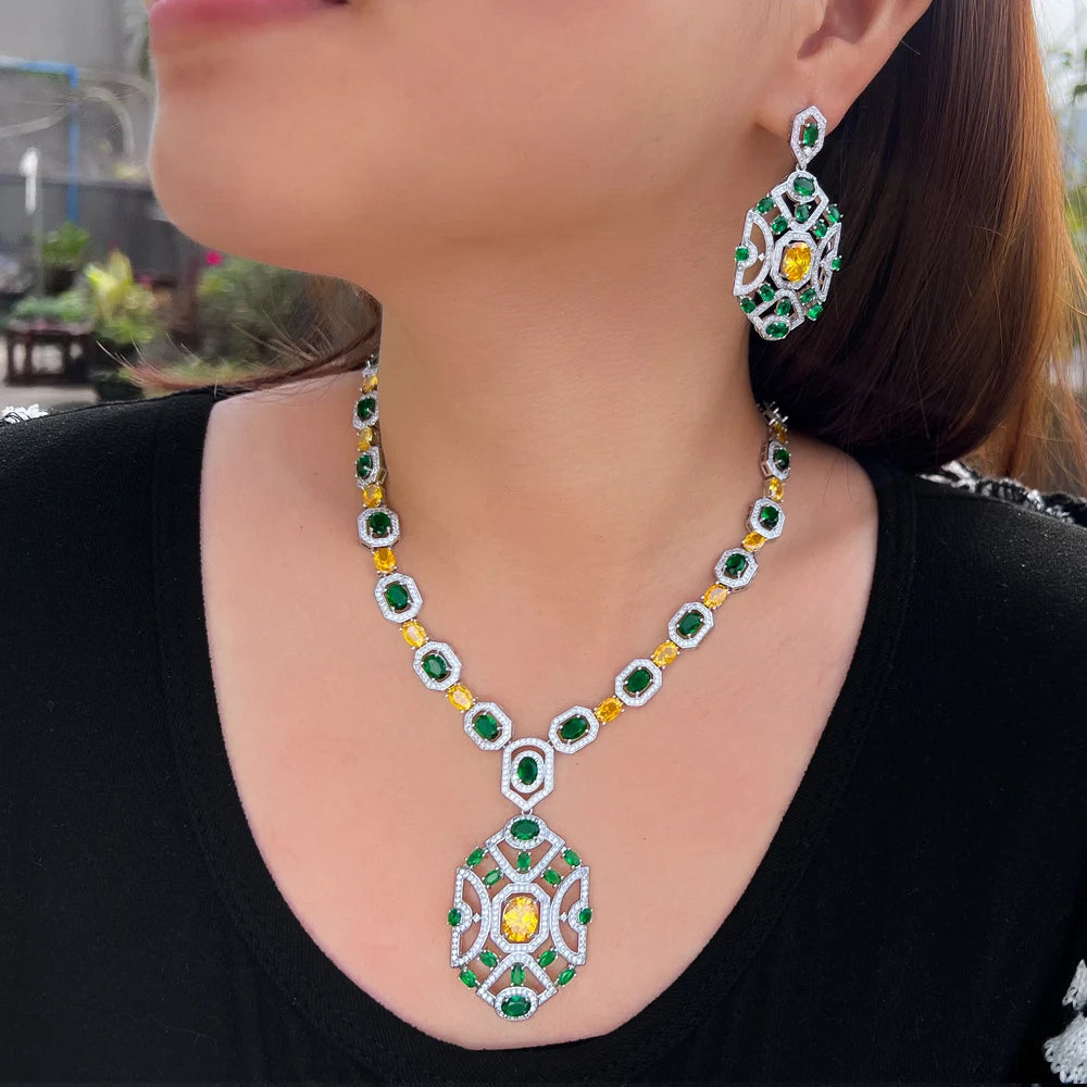 CWWZircons Yellow Green Cubic Zirconia Wedding Banquet Big Chunky Necklace and Earrings Bridal Party Costume Jewelry Sets T771