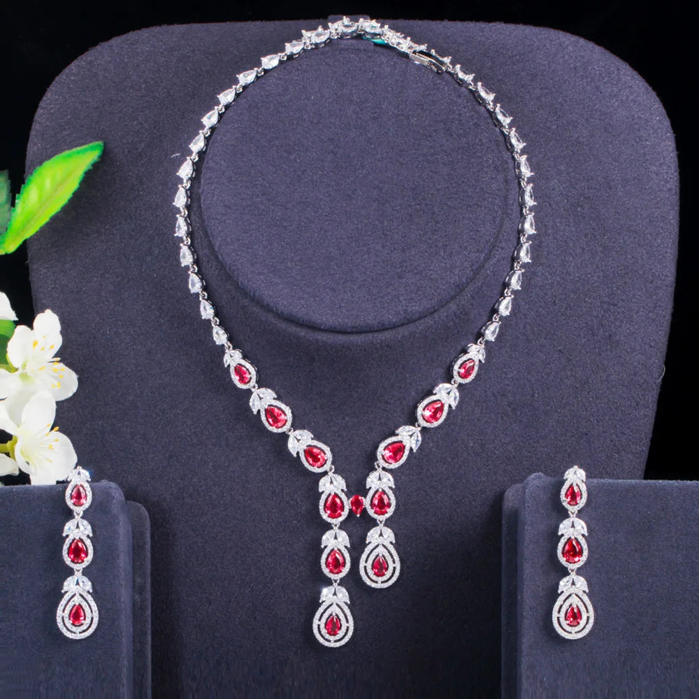 Hot Pink Cubic Zirconia Silver Color Long Leaf Drop Necklace and Earrings for Bridal Luxury Party Wedding Jewelry Sets