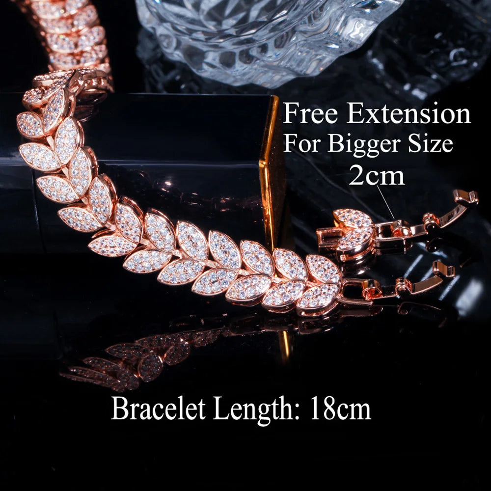 Elegant Micro Full 585 Rose Gold Color CZ Zircon Pave Leaf Link Chain Bracelet for Women Fashion Wedding Party Jewelry