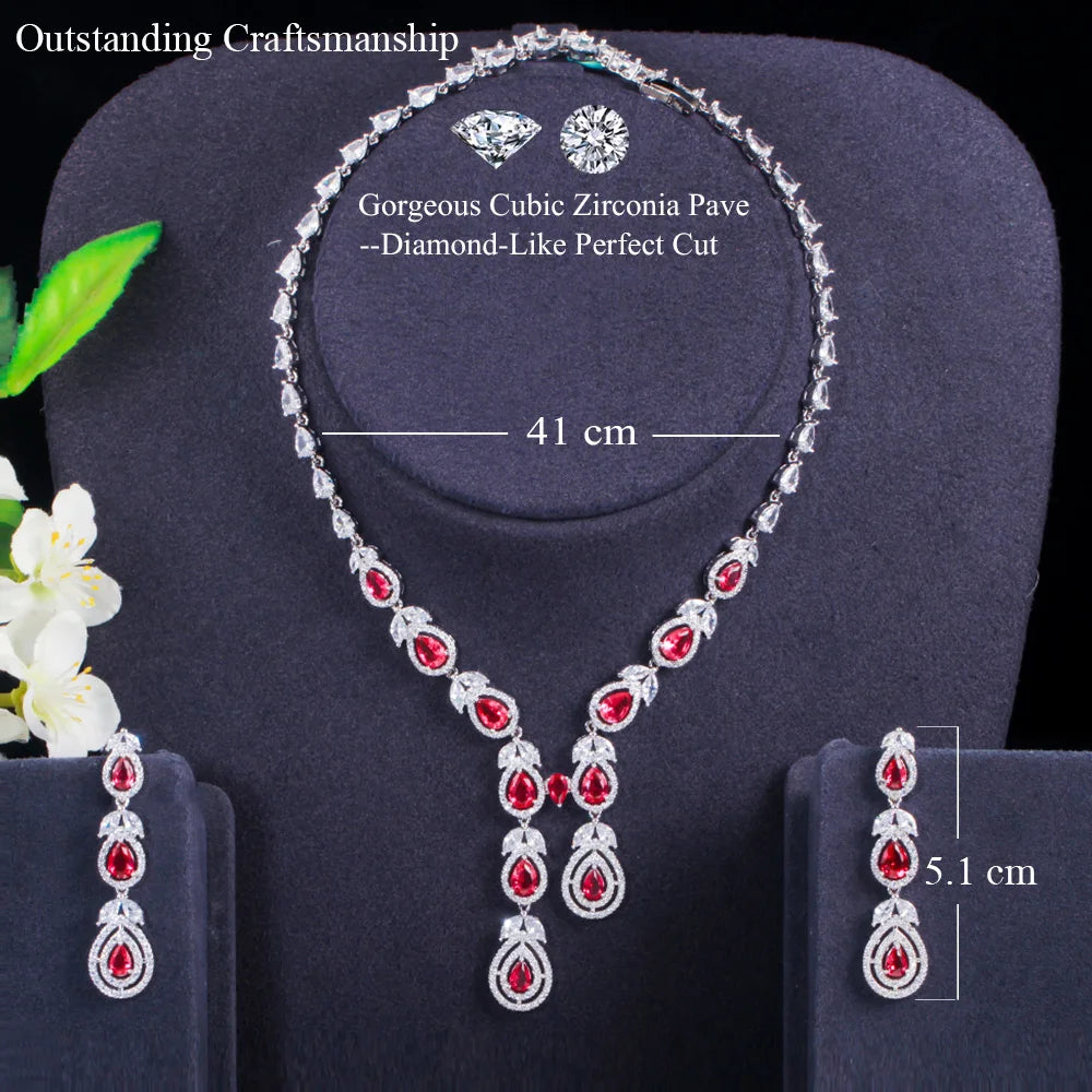 Hot Pink Cubic Zirconia Silver Color Long Leaf Drop Necklace and Earrings for Bridal Luxury Party Wedding Jewelry Sets