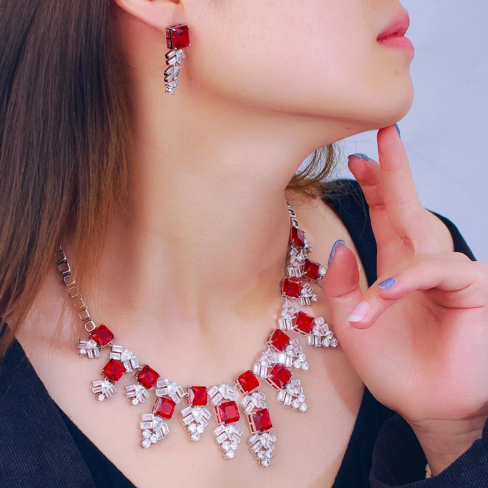 Gorgeous Red White Cubic Zirconia Luxury Wedding Jewelry Long Snowflower Design Pendant Necklace Earring Set for Women