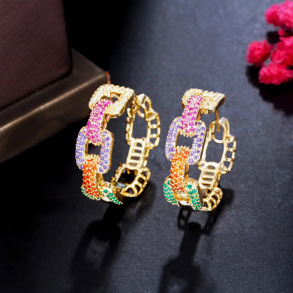 CWWZircons New Trendy Colorful Micro Pave CZ Stones Gold Plated Geometric Cuban Chain Link Hoop Earrings for Women Jewelry CZ345