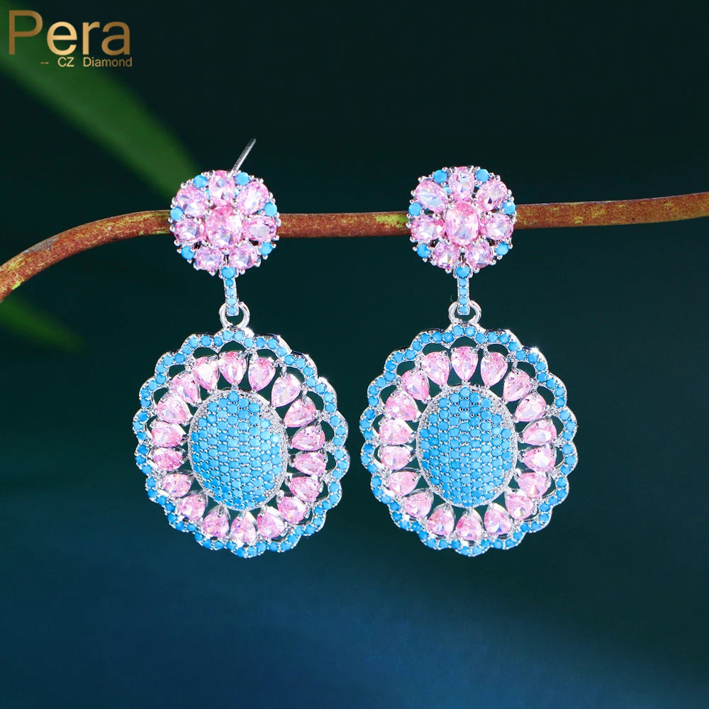 Elegant Pink Blue Turquoise Cubic Zirconia Bridal Wedding Long Big Round Flower Drop Earrings Party Jewelry for Women