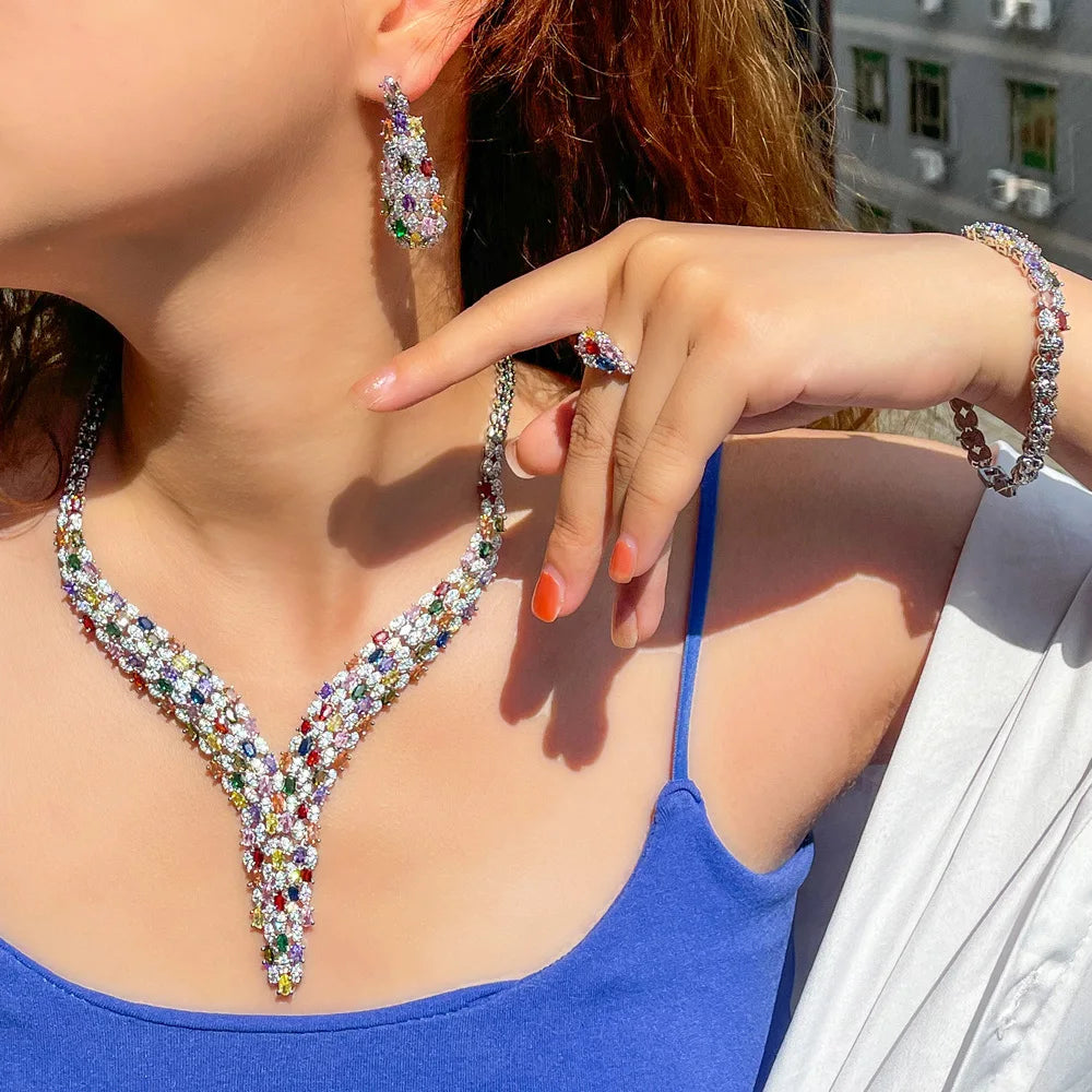 Zircons Heavy Cubic Zircon Stone Work Multicolor Big Necklace Arabic Dubai Bridal Jewelry Set Luxury Wedding Accessories