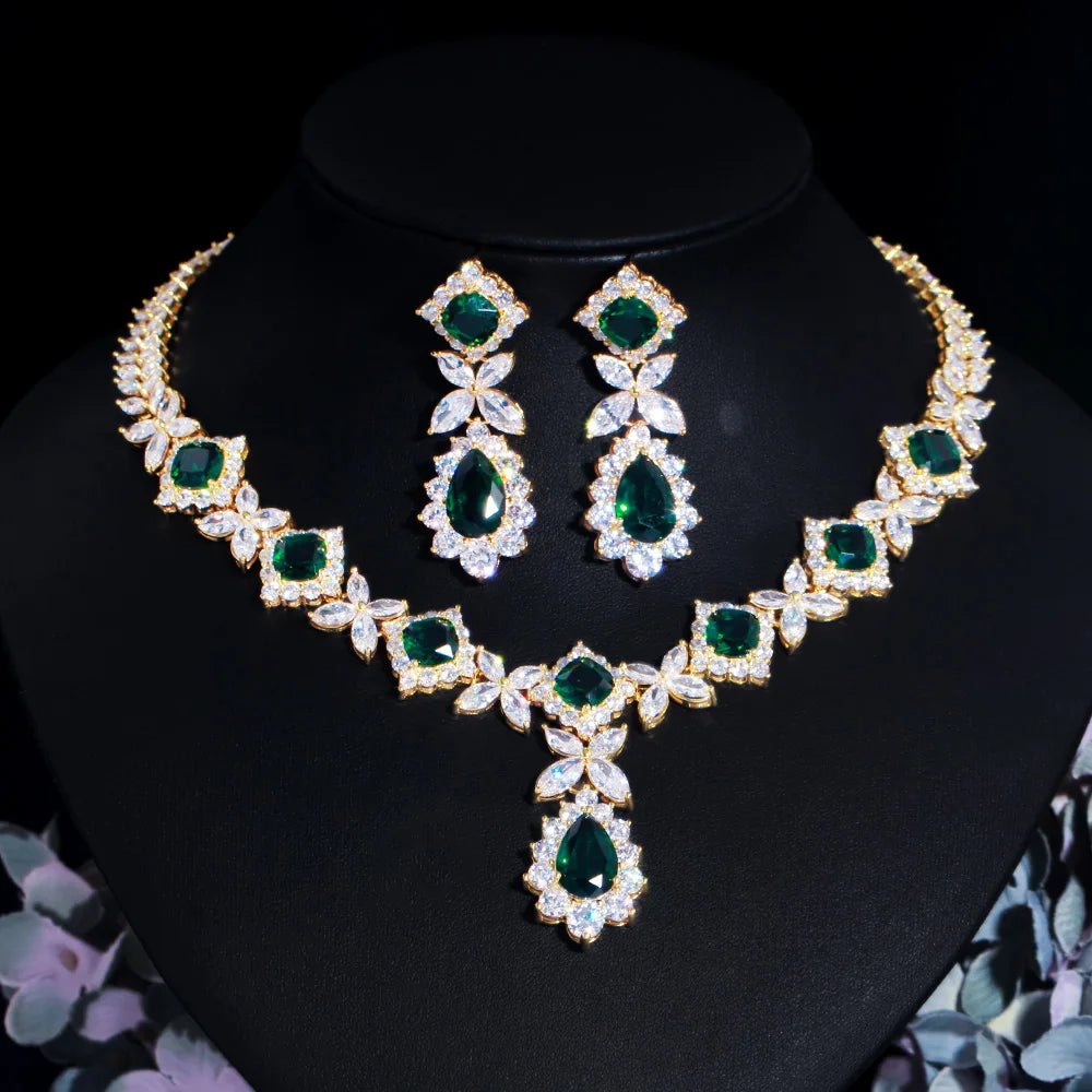 Zircons Big Leaf Drop Green Cubic Zircon Party Costume Jewelry Sets for Brides Wedding Accessories Dubai Gold Plated