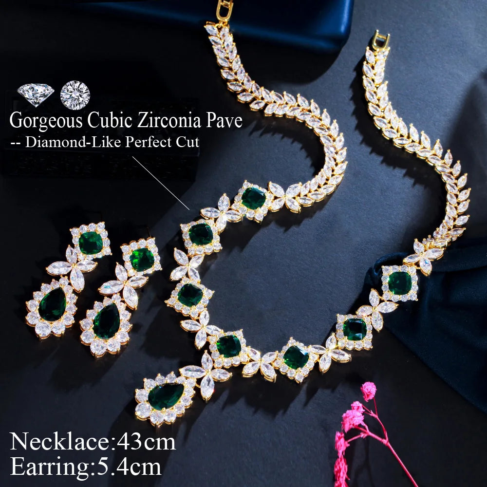 Zircons Big Leaf Drop Green Cubic Zircon Party Costume Jewelry Sets for Brides Wedding Accessories Dubai Gold Plated