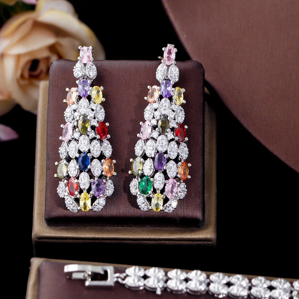 Zircons Heavy Cubic Zircon Stone Work Multicolor Big Necklace Arabic Dubai Bridal Jewelry Set Luxury Wedding Accessories