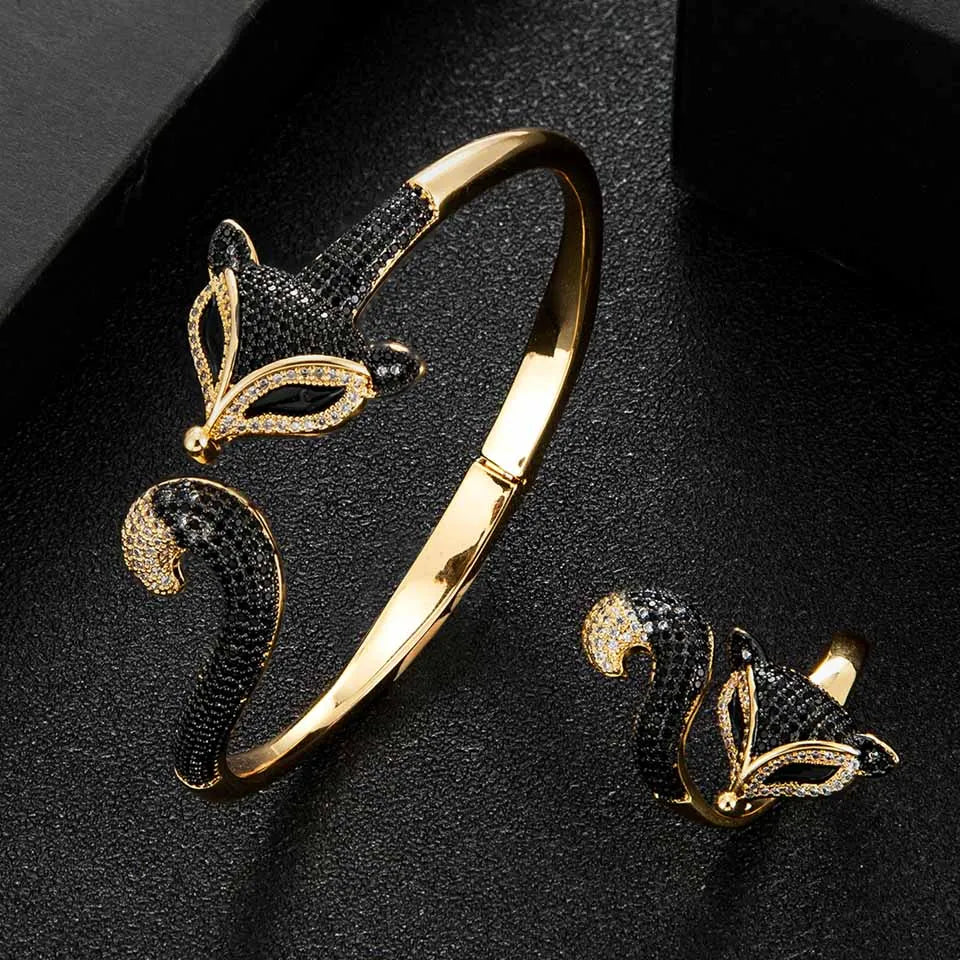 Luxury brand fox shape animal wedding bangle ring 2pcs jewelry sets jet brown zirconia bracelet with ring