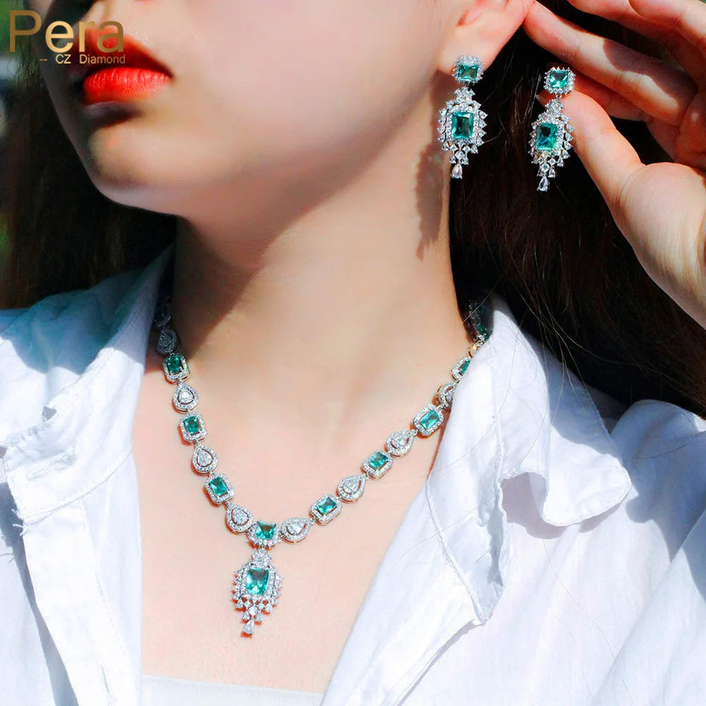 Magnificent Light Blue Cubic Zirconia Long Chandelier Pendant Necklace and Earrings Wedding Jewelry Sets for Brides