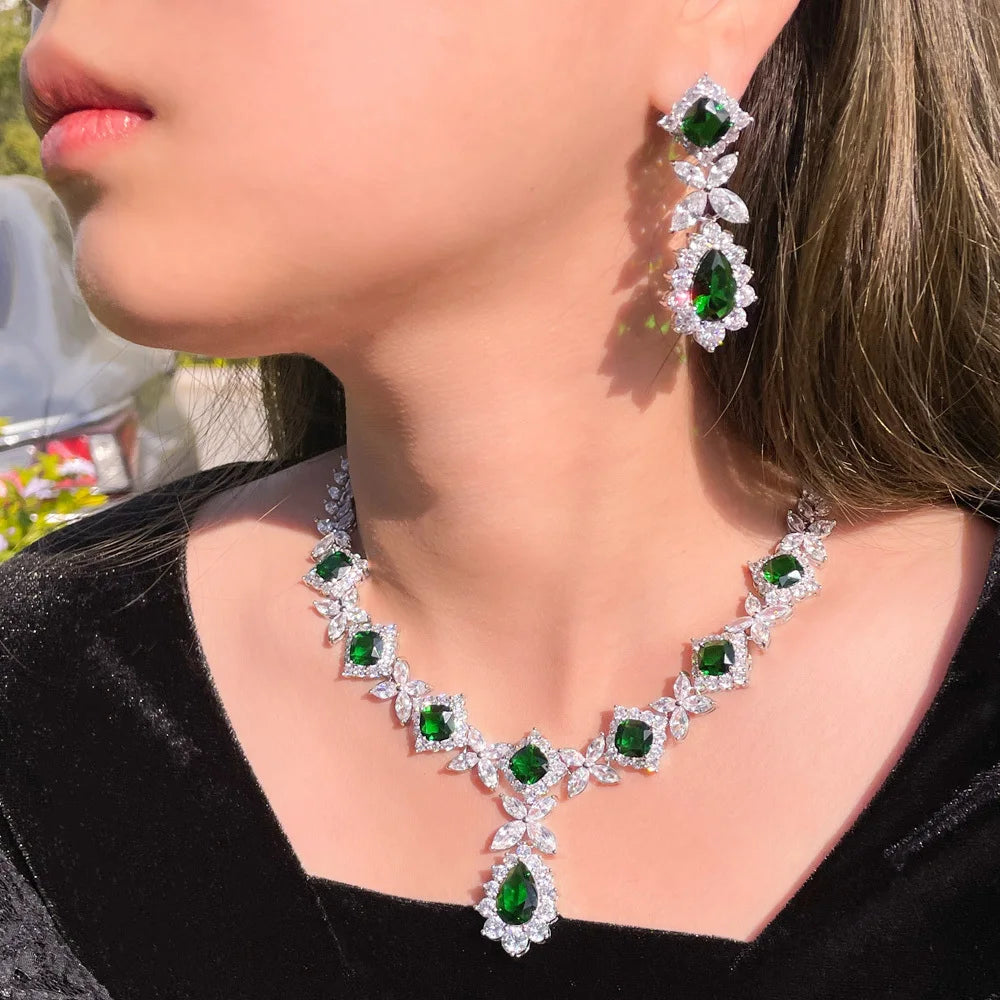 Zircons Big Leaf Drop Green Cubic Zircon Party Costume Jewelry Sets for Brides Wedding Accessories Dubai Gold Plated