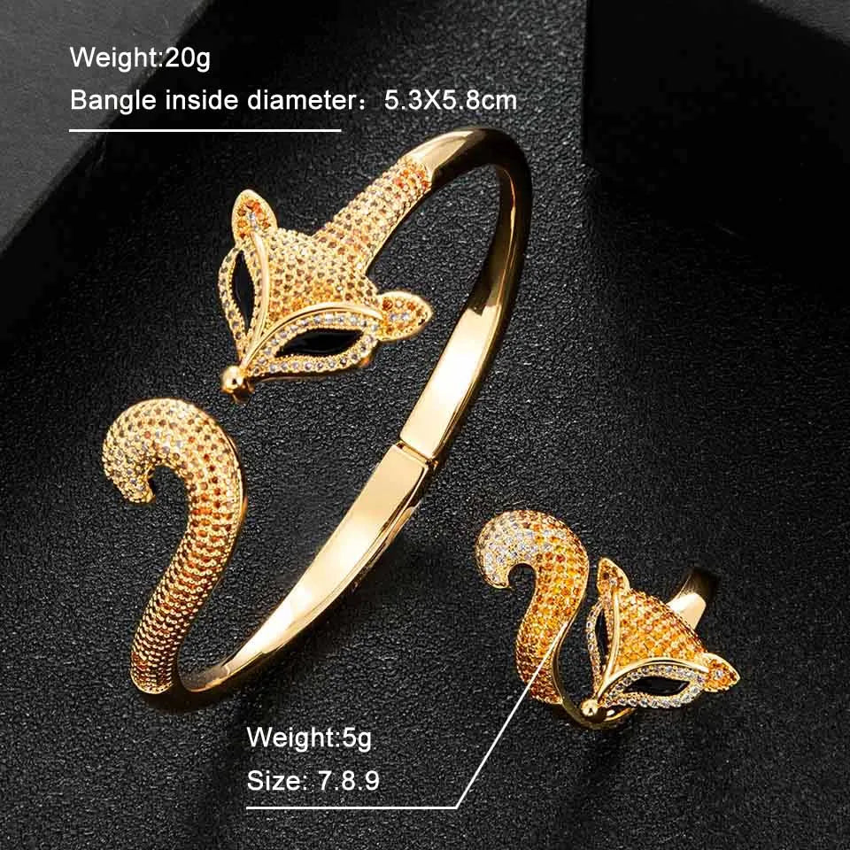 Luxury brand fox shape animal wedding bangle ring 2pcs jewelry sets jet brown zirconia bracelet with ring