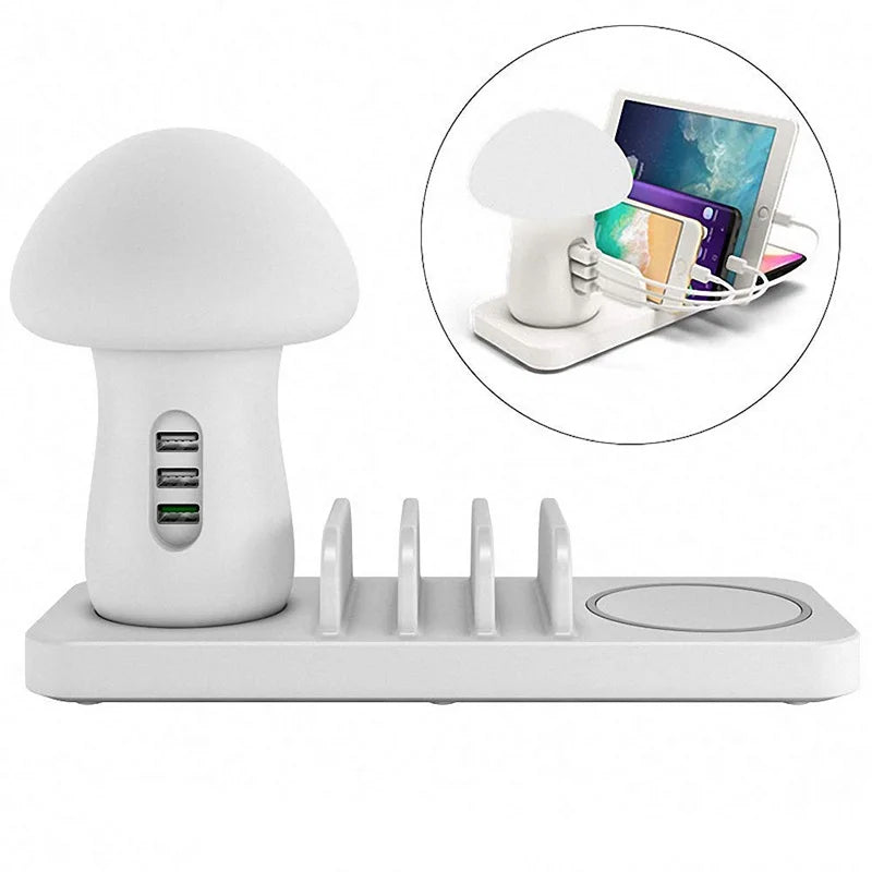 Mushroom night light Charging Station With Wireless Pad, 3 Port Dock   Fast Charger 3.0 with Night Light for Smart Phones,Iphone