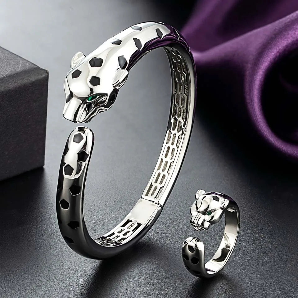 Statement Punk Black Spots Leopard bangle with Ring set Fashion Animal Panther bracelet for Women