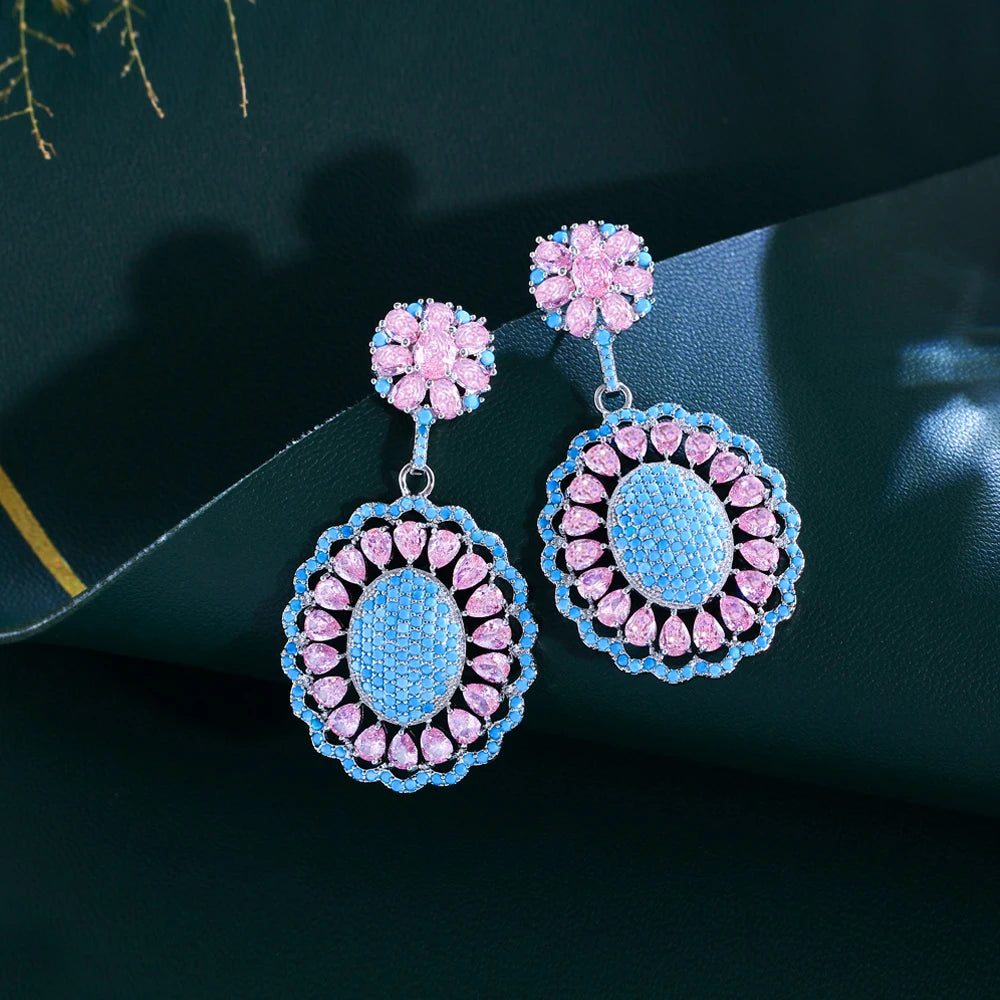 Elegant Pink Blue Turquoise Cubic Zirconia Bridal Wedding Long Big Round Flower Drop Earrings Party Jewelry for Women