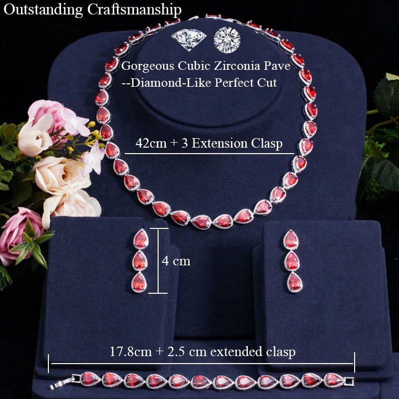 Classic 3Pcs Red Waterdrop Shape Link Cubic Zirconia Choker Necklace Earring Banquet Party Jewelry Sets for Women