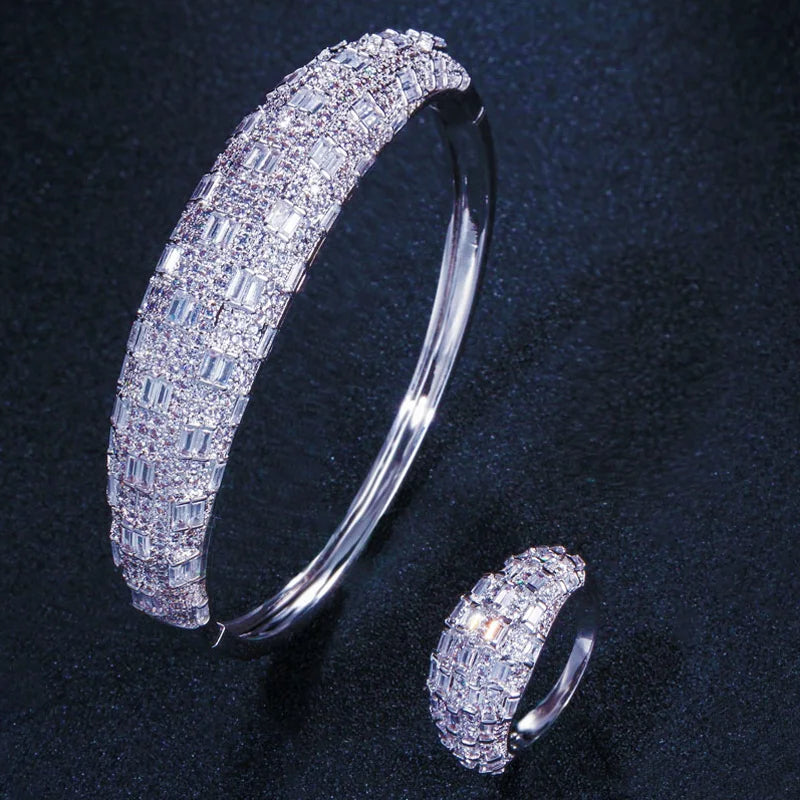 Luxury Dubai Gold Color Shiny Brilliant CZ Zircon Big Open Cuff Bangle Ring Sets for Women Wedding Jewelry Accessories