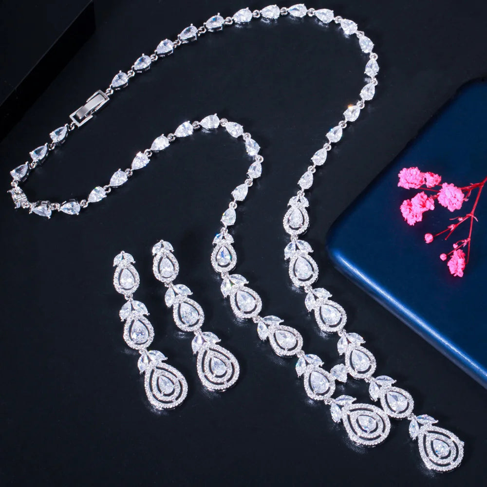 Hot Pink Cubic Zirconia Silver Color Long Leaf Drop Necklace and Earrings for Bridal Luxury Party Wedding Jewelry Sets