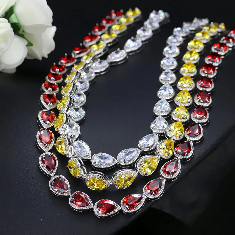 Classic 3Pcs Red Waterdrop Shape Link Cubic Zirconia Choker Necklace Earring Banquet Party Jewelry Sets for Women