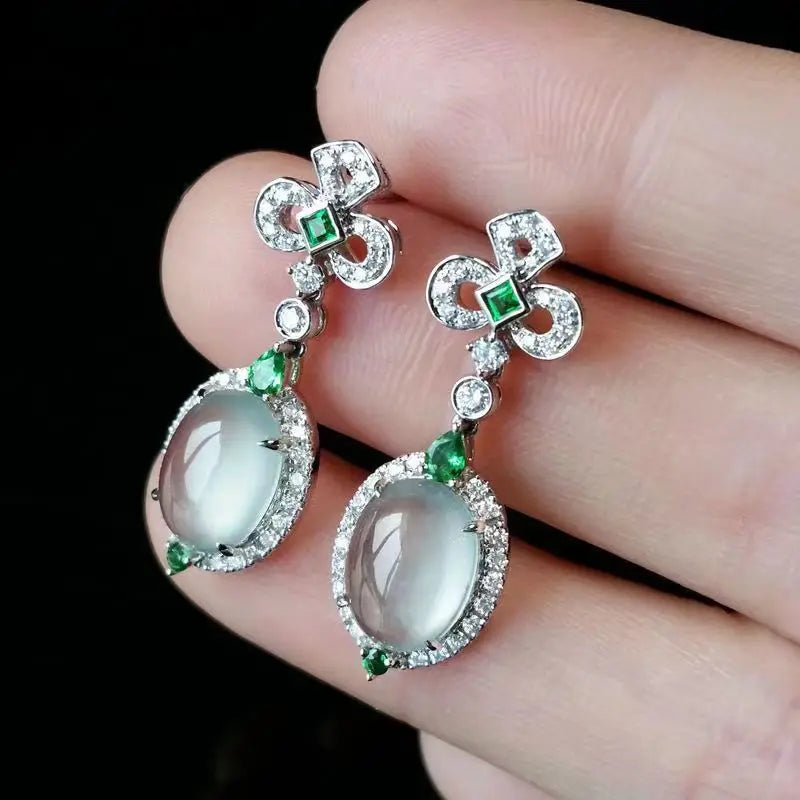 Natural chalcedony ice seed egg face earrings for women with diamonds Palace style charm exquisite jewelry