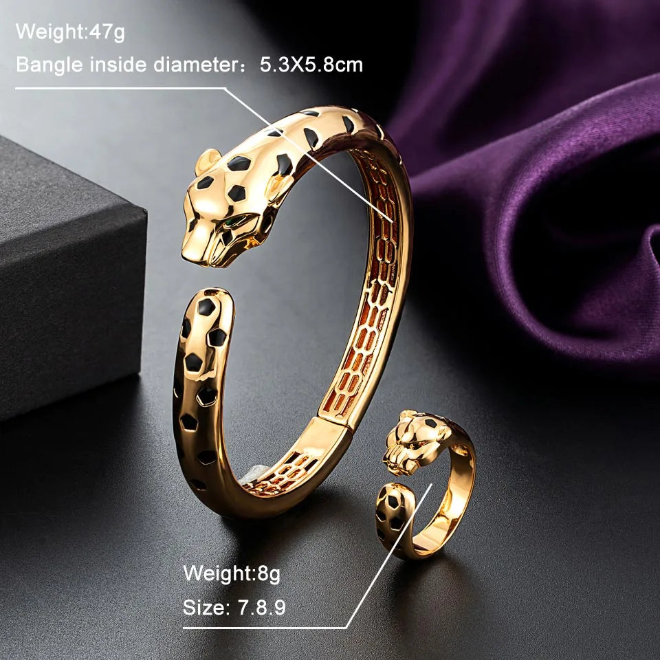 Statement Punk Black Spots Leopard bangle with Ring set Fashion Animal Panther bracelet for Women