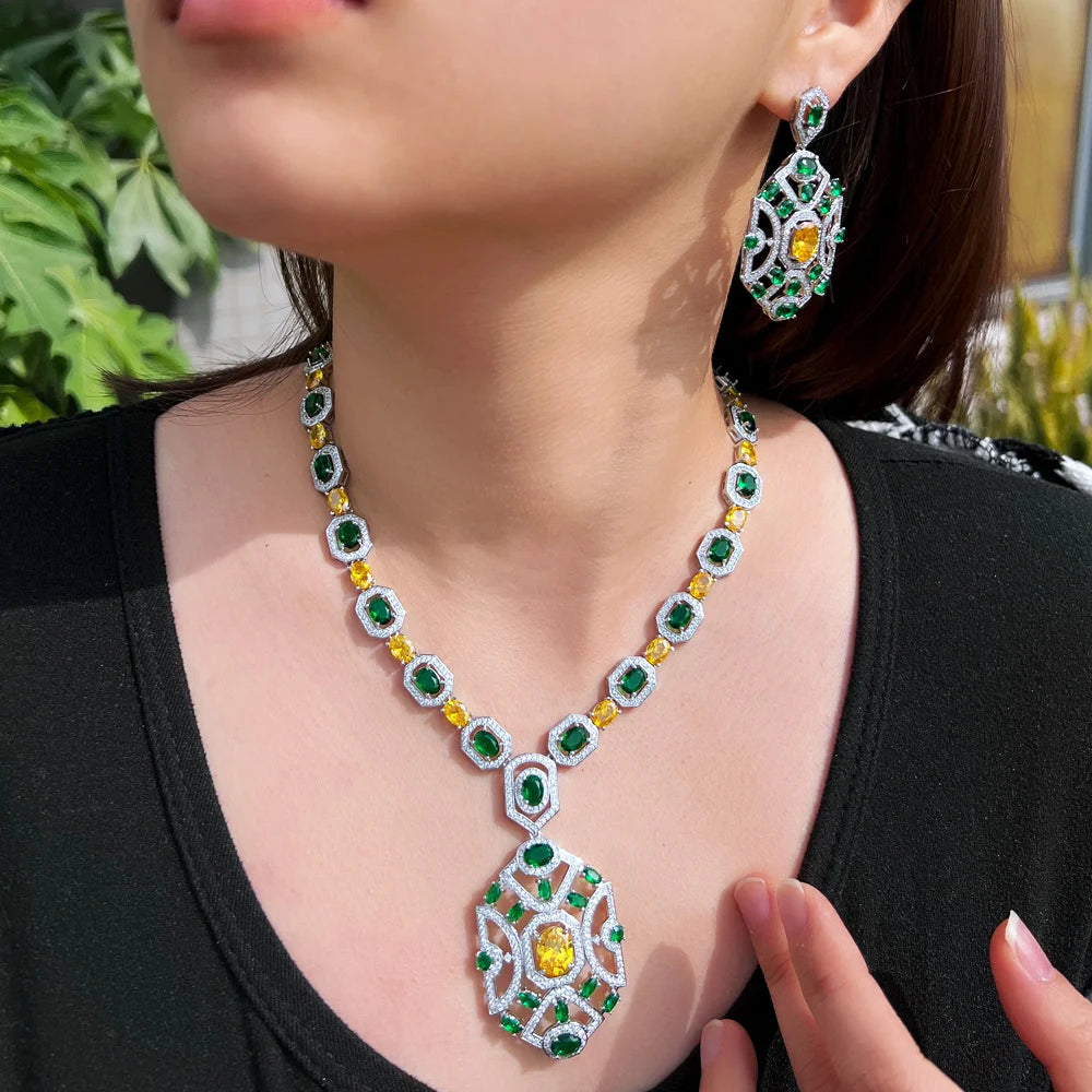 CWWZircons Yellow Green Cubic Zirconia Wedding Banquet Big Chunky Necklace and Earrings Bridal Party Costume Jewelry Sets T771