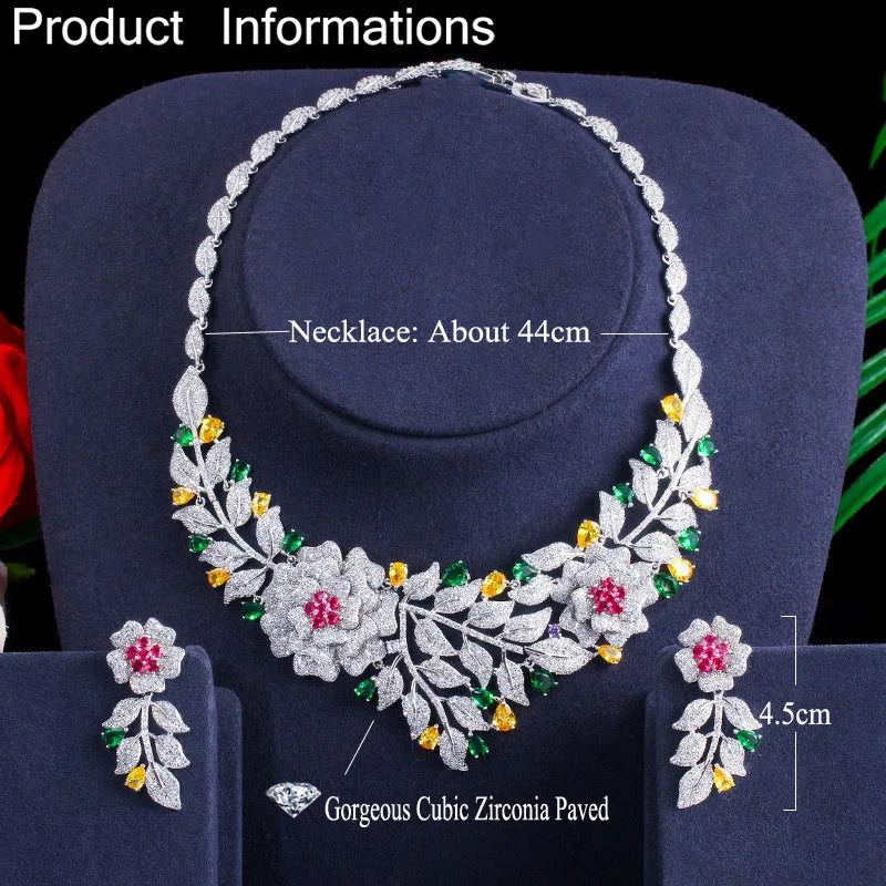 Zircons High Quality African Nigerican Cubic Zirconia Big Rose Flower Wedding Necklace Earring Luxury Bridal Jewelry Set