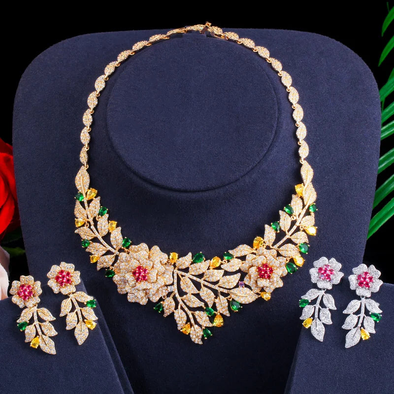 Zircons High Quality African Nigerican Cubic Zirconia Big Rose Flower Wedding Necklace Earring Luxury Bridal Jewelry Set