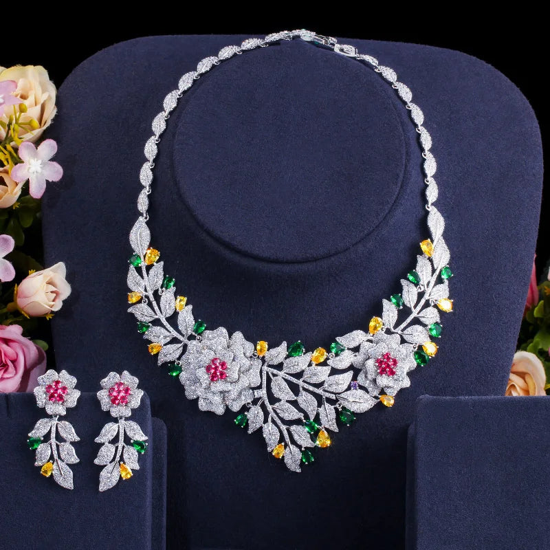 Zircons High Quality African Nigerican Cubic Zirconia Big Rose Flower Wedding Necklace Earring Luxury Bridal Jewelry Set