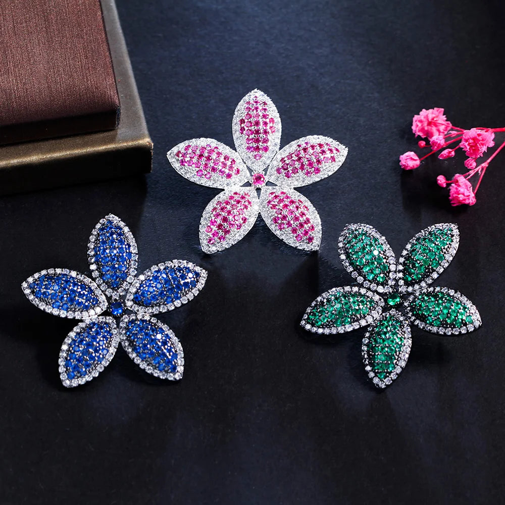 Trendy Micro Pave Bule Red Cubic Zirconia Big Flower Drop Earrings for Women Daily Dinner Party Fashion CZ Ear Jewelry