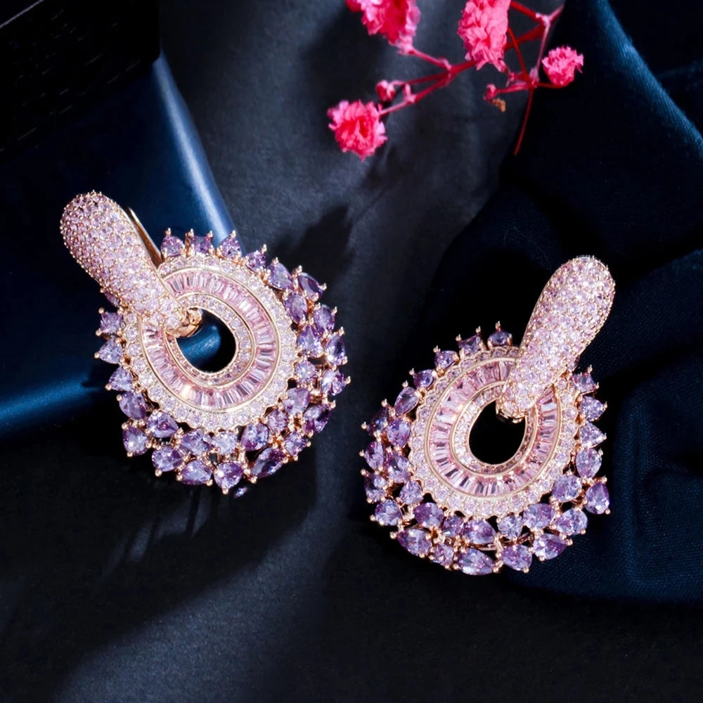 CWWZircons New Trendy Luxury Purple Pink Cubic Zirconia Pave Dangle Earrings for Women Statement Wedding Party Jewelry CZ979