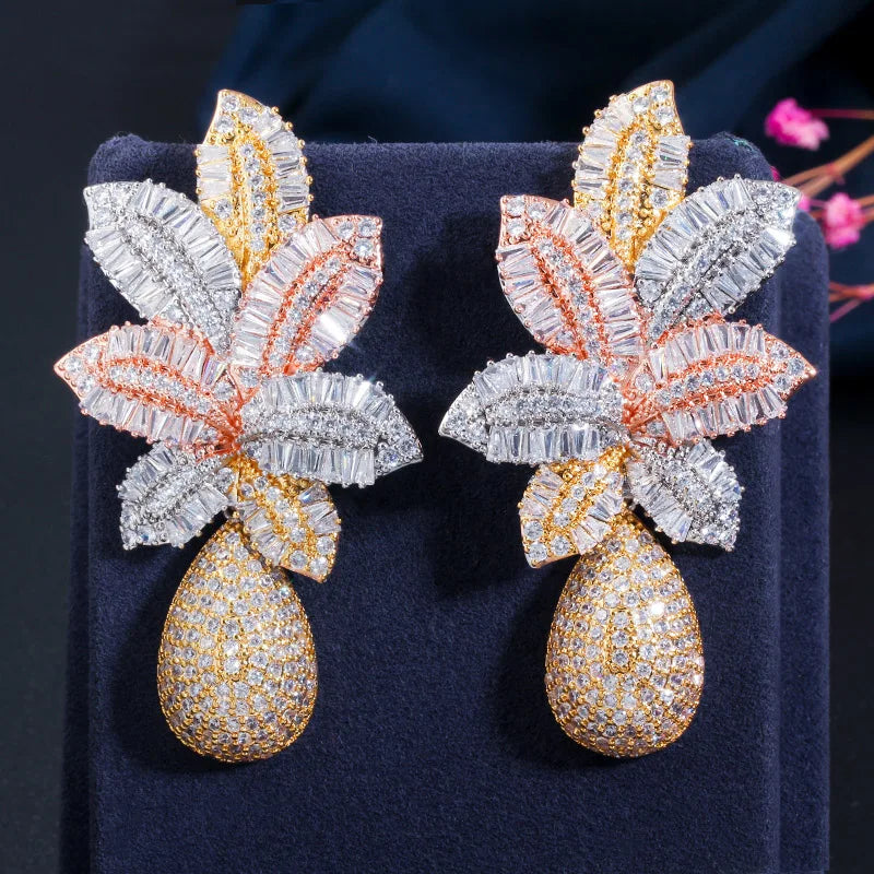 Zircons 3 Tone Gold Color Luxury Large Leaf Drop Flower Micro Cubic Zirconia Pave Wedding Party Earring for Women