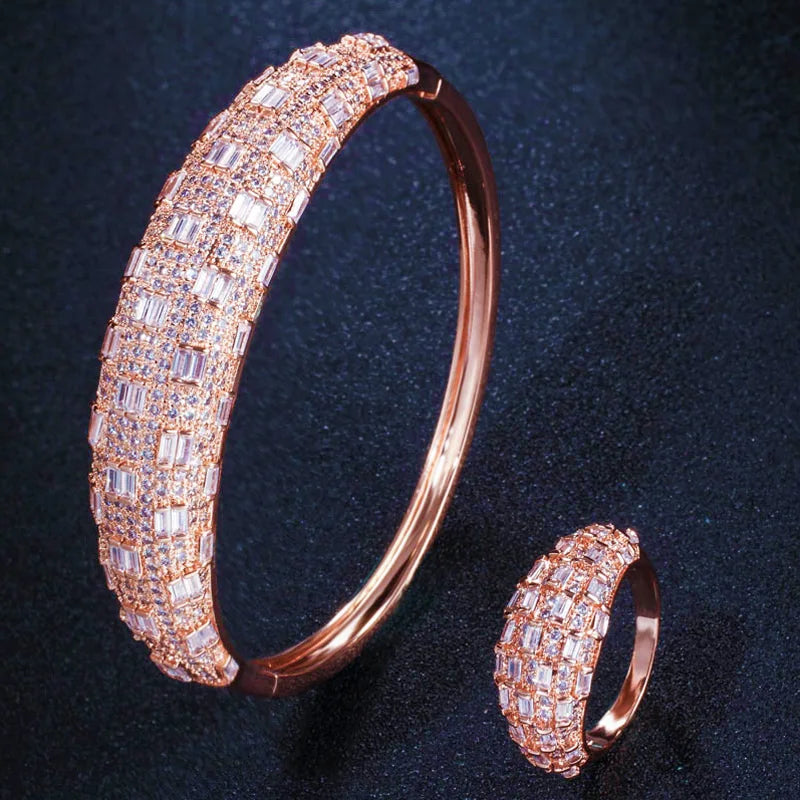 Luxury Dubai Gold Color Shiny Brilliant CZ Zircon Big Open Cuff Bangle Ring Sets for Women Wedding Jewelry Accessories