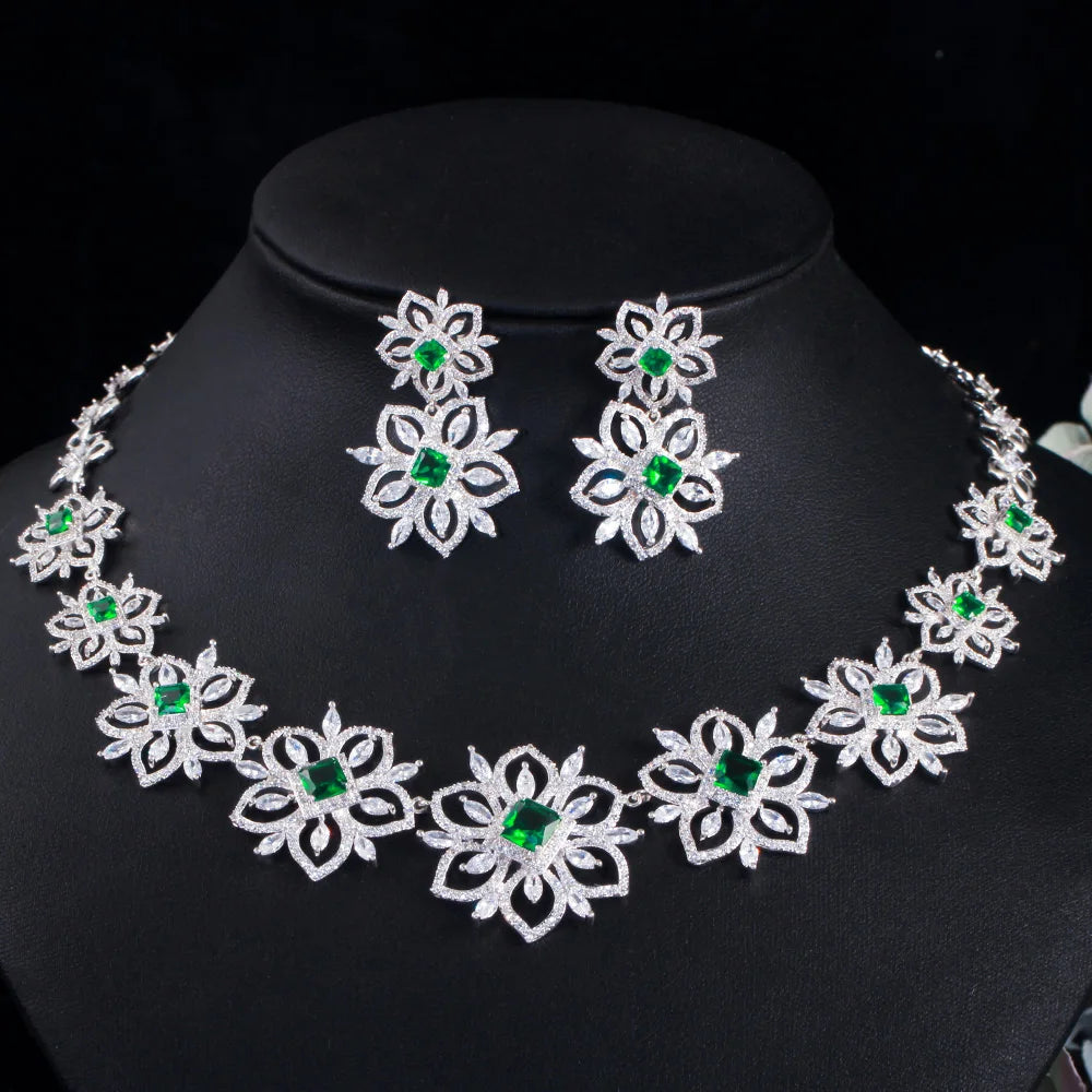 Zircons Beautiful Flower Green Cubic Zirconia Bridal Wedding Jewelry Set for Brides Evening Dancing Party Accessories