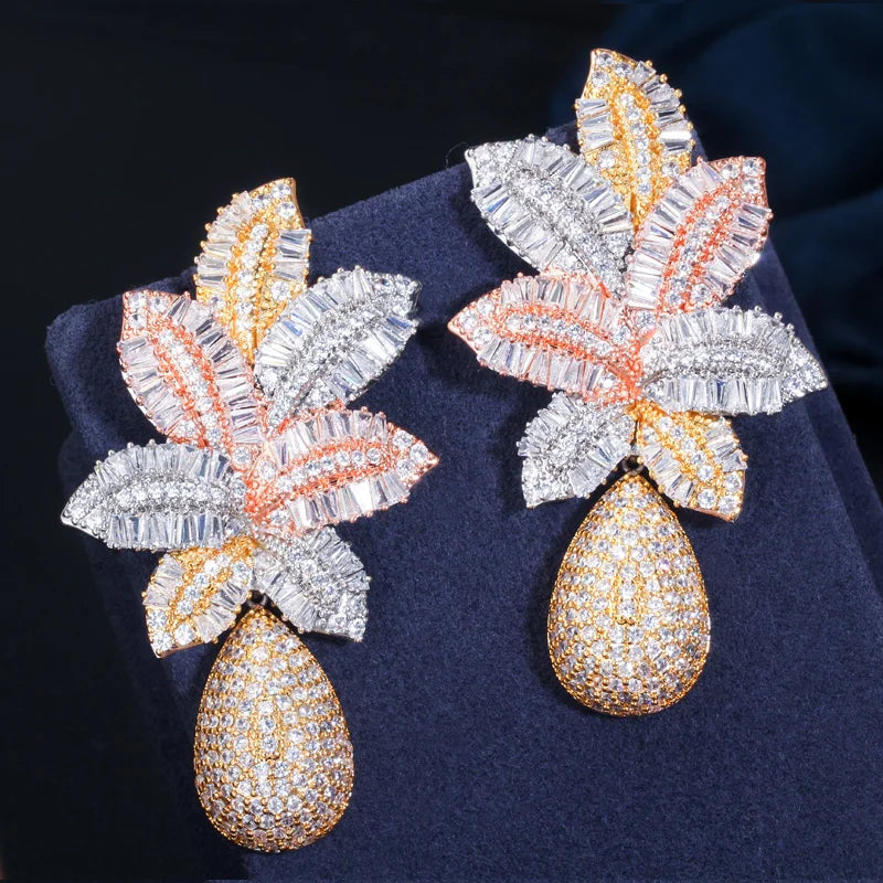 Zircons 3 Tone Gold Color Luxury Large Leaf Drop Flower Micro Cubic Zirconia Pave Wedding Party Earring for Women