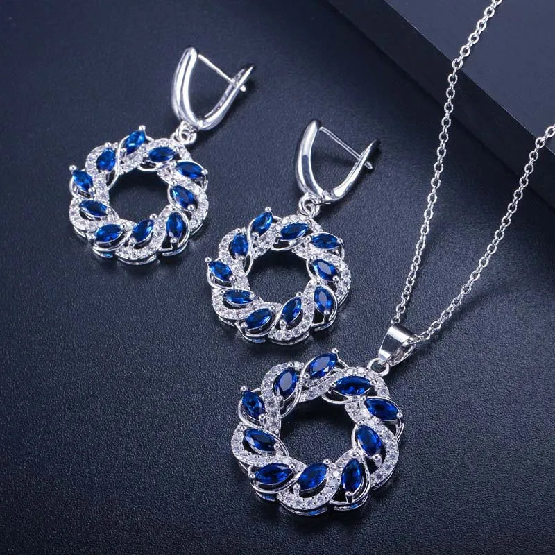 CWWZircons Trendy Brand Big Round Drop Austrian Blue And Green Crystal Earrings And Pendant Necklace Jewelry Set For Women T291