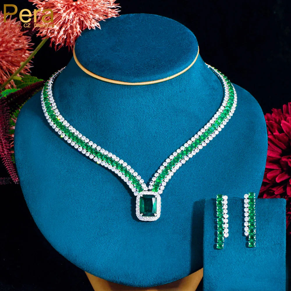 Classic Square Drop Green Cubic Zirconia Necklace and Earrings Luxury Bridal Wedding Banquet Jewelry Sets for Women