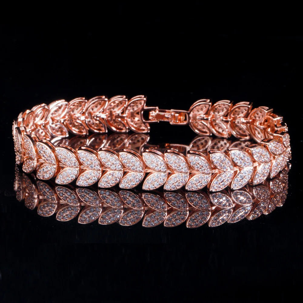 Elegant Micro Full 585 Rose Gold Color CZ Zircon Pave Leaf Link Chain Bracelet for Women Fashion Wedding Party Jewelry