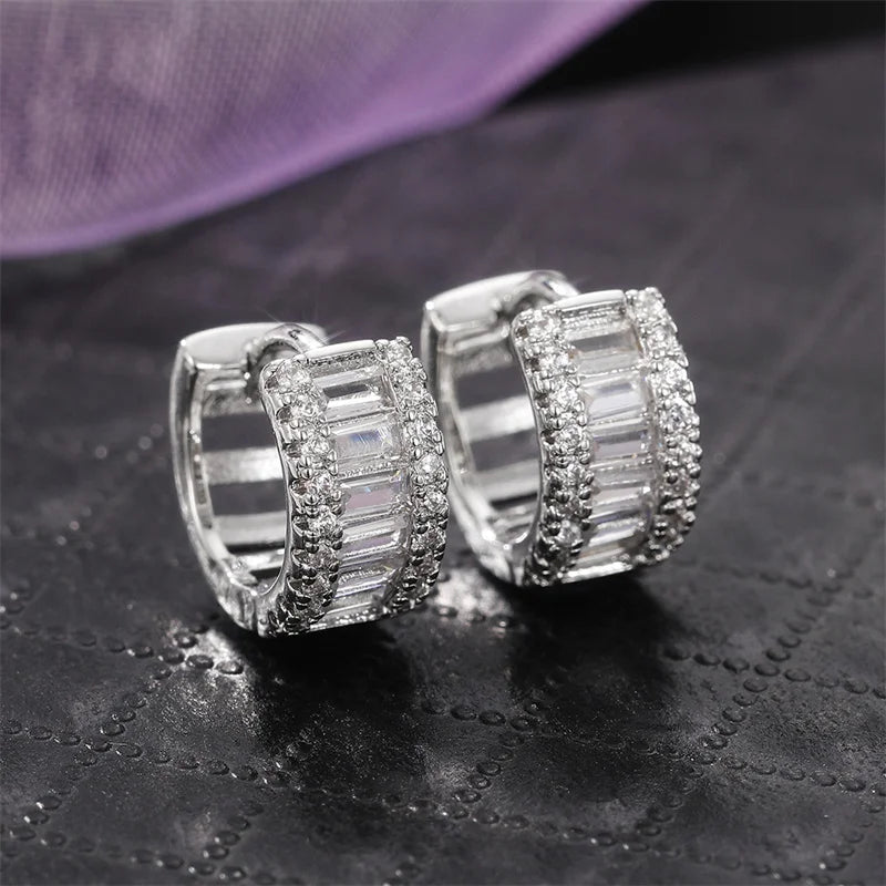 Huitan Korean Fashion Paved CZ Hoop Earrings for Women Metal Silver Color/Gold Color Simple Versatile Girls Earrings Hot Jewelry