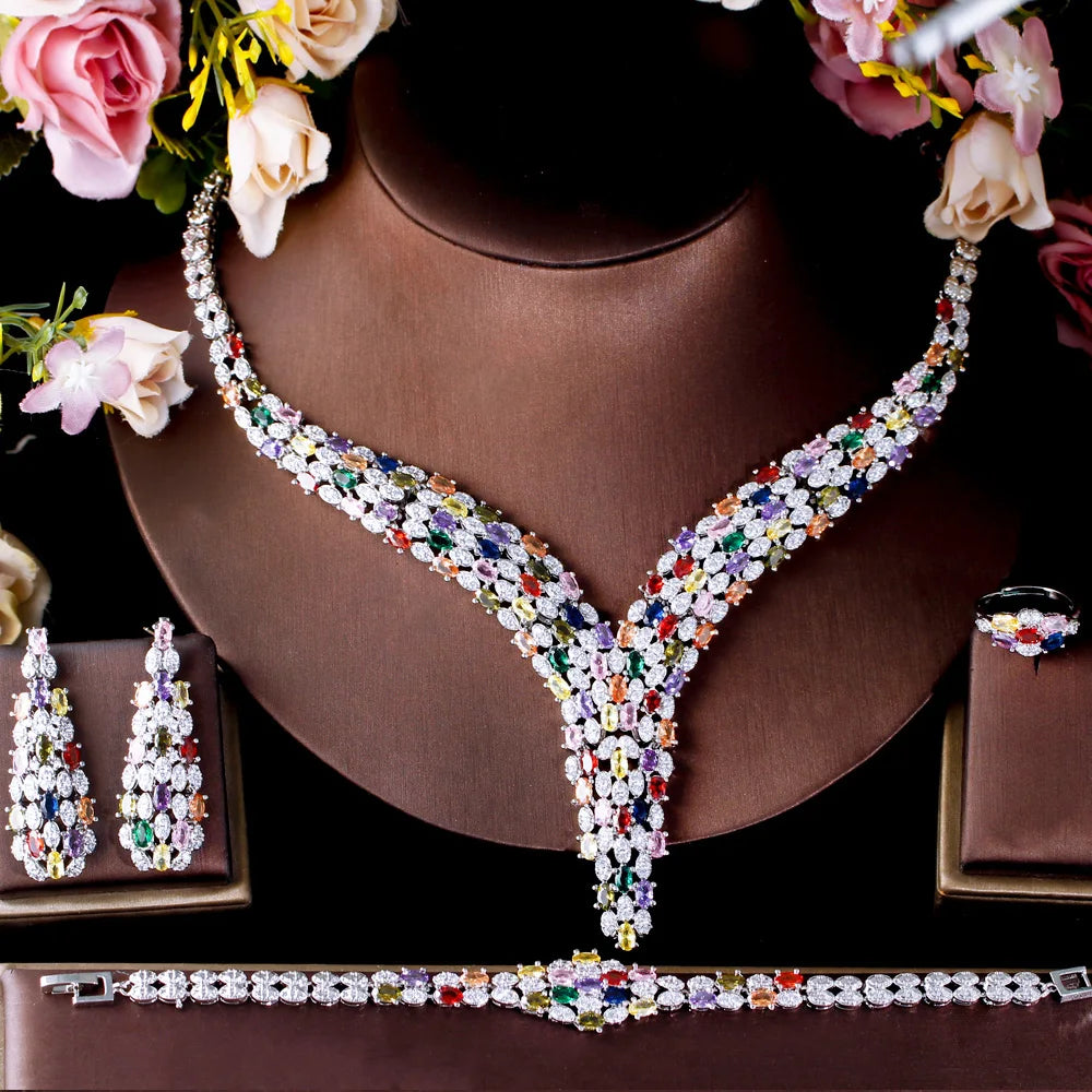 Zircons Heavy Cubic Zircon Stone Work Multicolor Big Necklace Arabic Dubai Bridal Jewelry Set Luxury Wedding Accessories