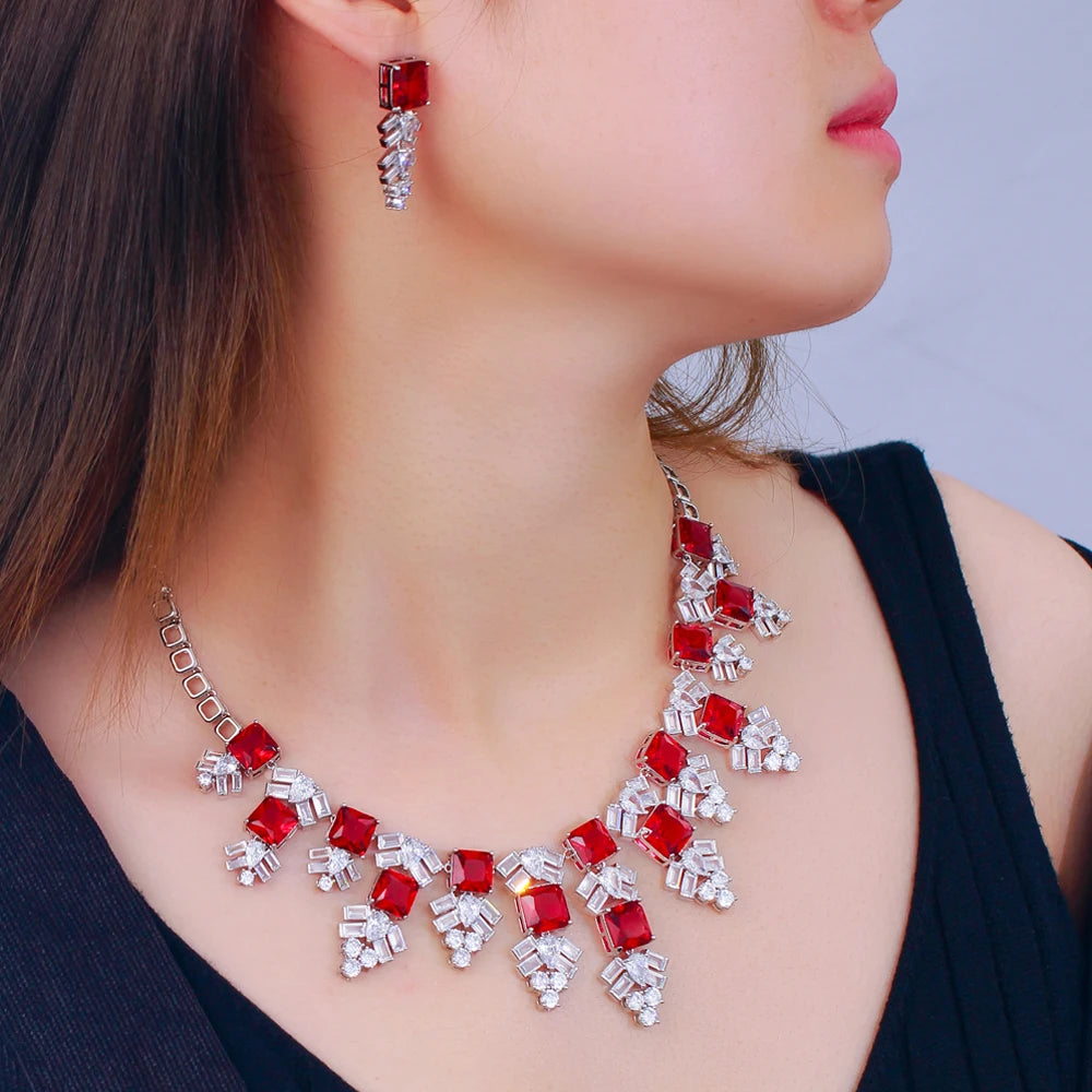 Gorgeous Red White Cubic Zirconia Luxury Wedding Jewelry Long Snowflower Design Pendant Necklace Earring Set for Women