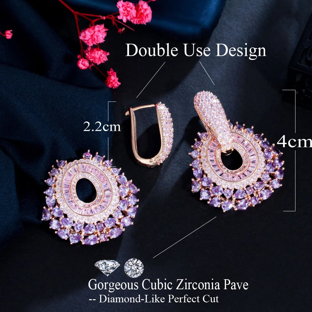 CWWZircons New Trendy Luxury Purple Pink Cubic Zirconia Pave Dangle Earrings for Women Statement Wedding Party Jewelry CZ979