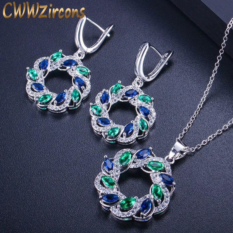 CWWZircons Trendy Brand Big Round Drop Austrian Blue And Green Crystal Earrings And Pendant Necklace Jewelry Set For Women T291