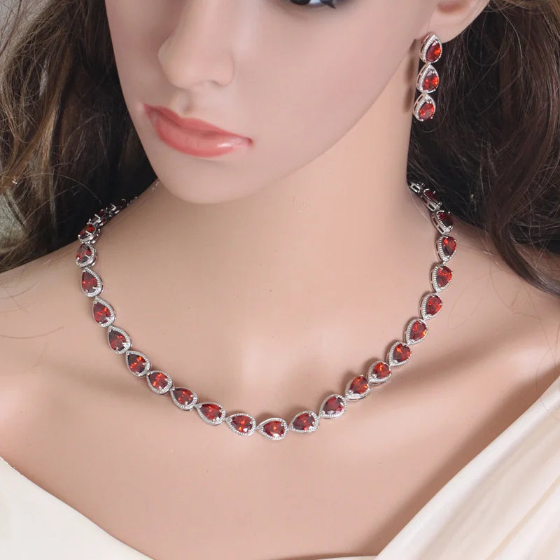 Classic 3Pcs Red Waterdrop Shape Link Cubic Zirconia Choker Necklace Earring Banquet Party Jewelry Sets for Women