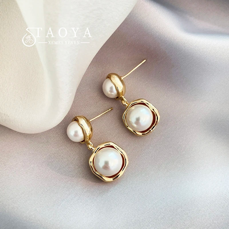 2023 New French Elegant Gold Color Bean Spliced Flat Pearl Earrings for Korean Fashion Jewelry Party Women's Sweet Accessories