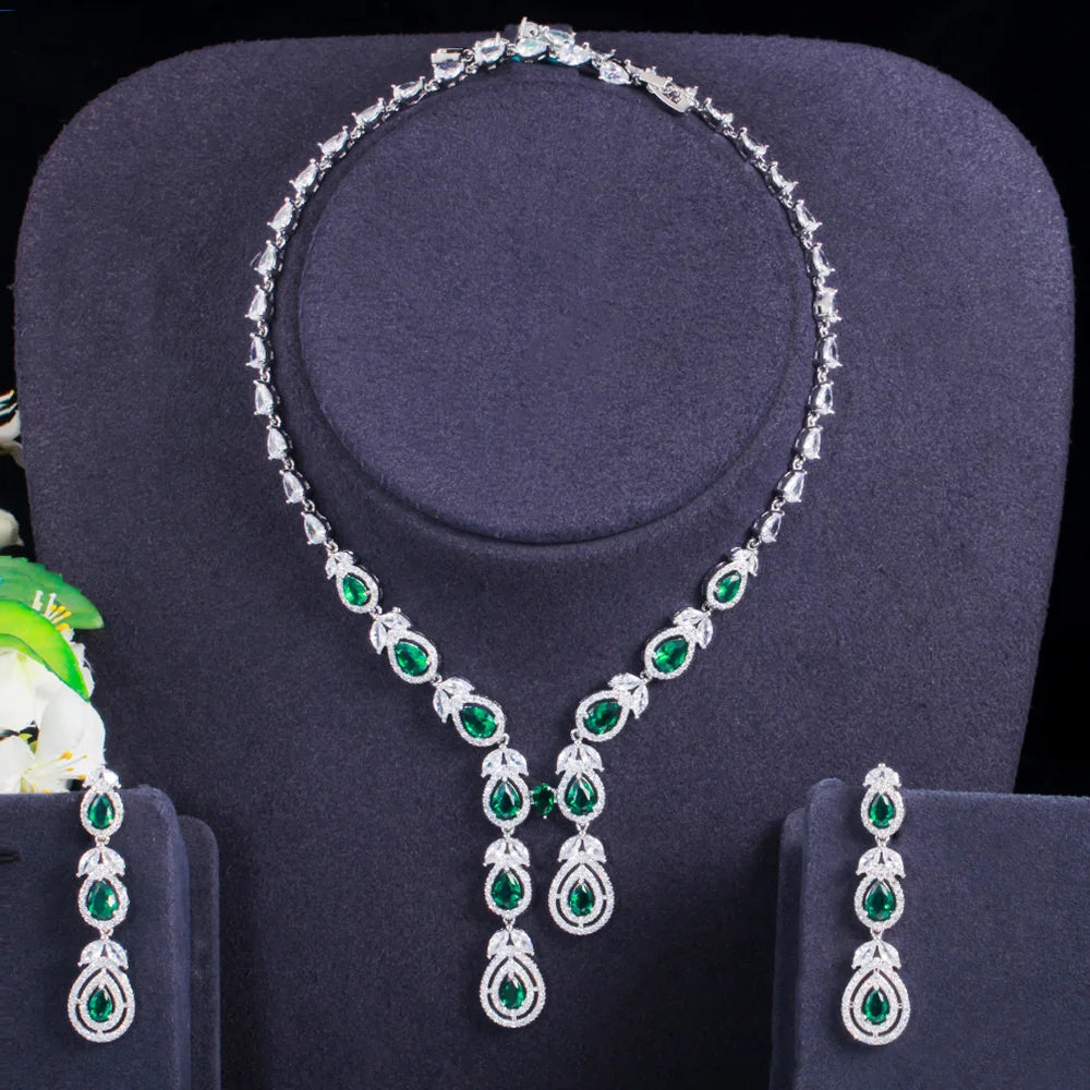 Hot Pink Cubic Zirconia Silver Color Long Leaf Drop Necklace and Earrings for Bridal Luxury Party Wedding Jewelry Sets