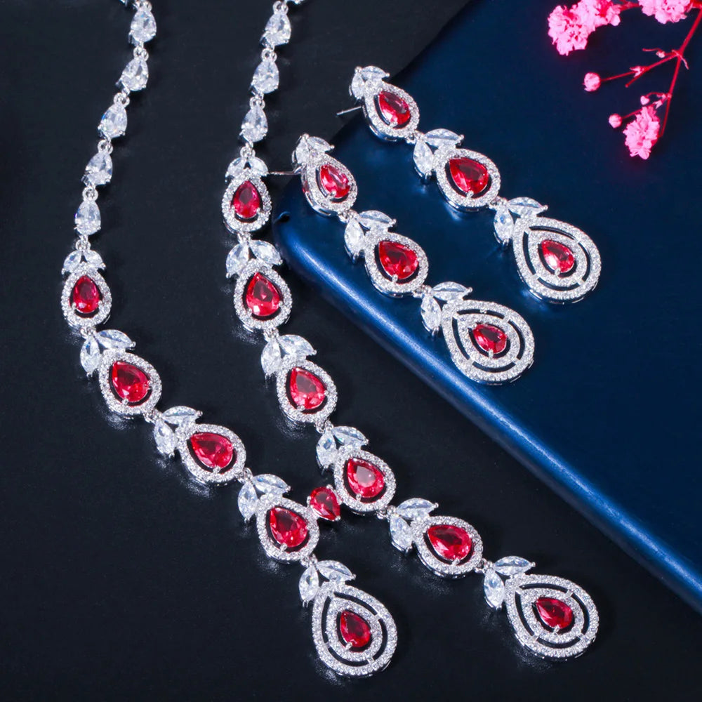 Hot Pink Cubic Zirconia Silver Color Long Leaf Drop Necklace and Earrings for Bridal Luxury Party Wedding Jewelry Sets