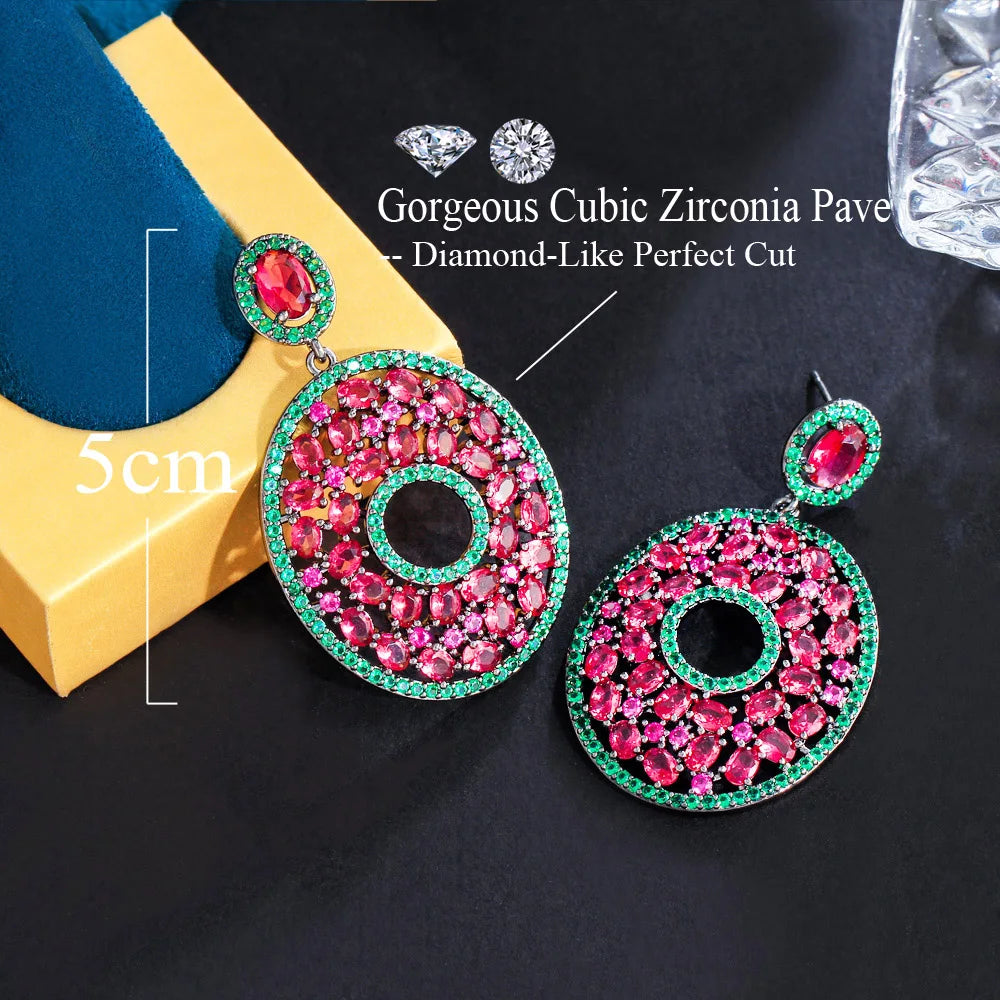 Zircons Genuine 5A Hot Pink Red Cubic Zirconia Stone Fancy Chic Round Drop Dangling Women Wedding Banquet Earrings Gift